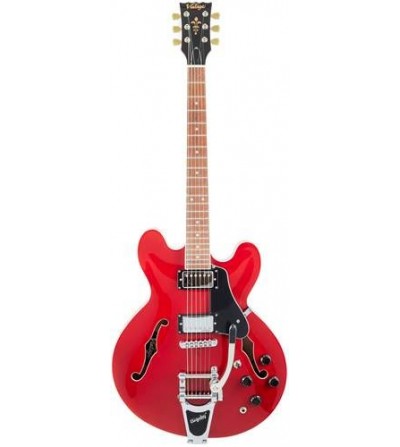 Vintage VSA500B Cherry Red Semi Acoustic Guitar w/Bigsby