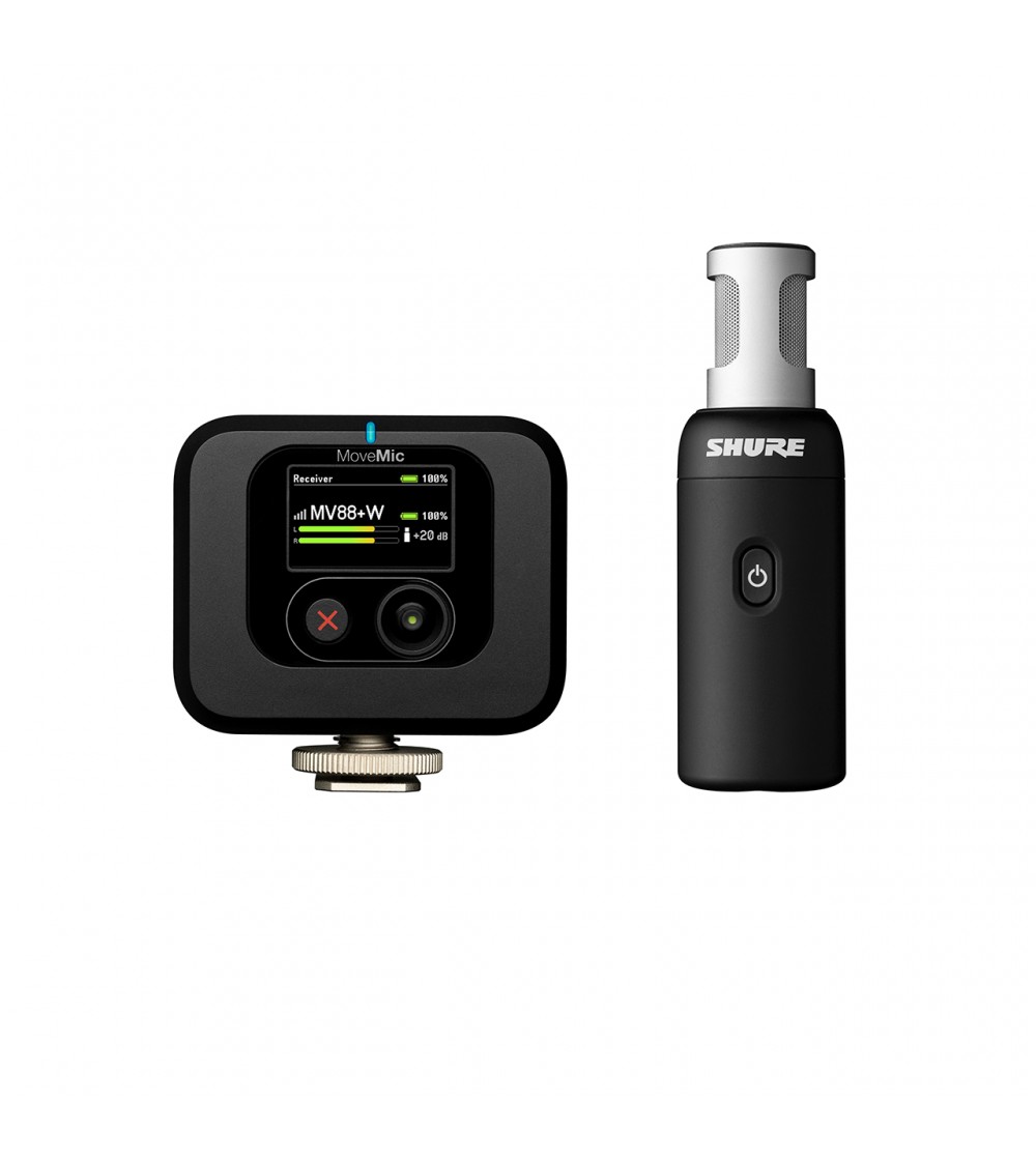 Shure MoveMic 88+ Receiver Kit
Micrófono inalámbrico estéreo MV88 Banda Z6 y receptor para cámara